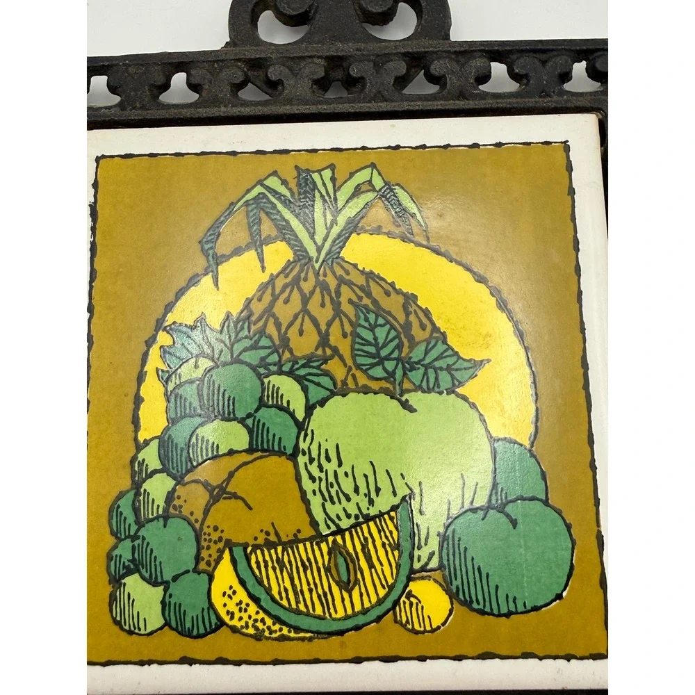 Vintage Howard Holt Cast Iron Ceramic‎ Tile Trivet Fruit Pineapple Retro MCM